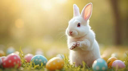 Happy Easter Bunny with many colorful easter eggs. Generative AI.