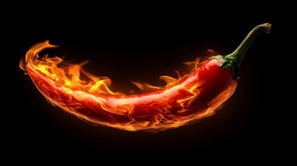 Red Hot Chili Pepper with High-Speed Detail Embraced By Intense Flames Against a Dark Background
