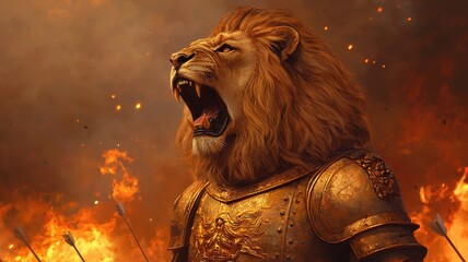 A lion in gold-plated armor roaring at the center of a fiery battlefield, with flaming arrows in the background, Epic, Fantasy, Dramatic Lighting. , closes up