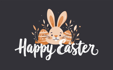 Cute Easter bunny with eggs and festive lettering on dark background 
