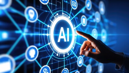 Obraz premium AI business and generative artificial intelligence. Data analysis and robotic processes automation. Businessman touching AI icon on application network system.