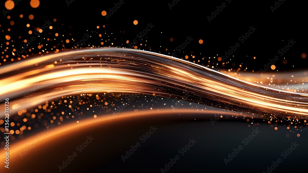 Poster glowing golden light waves with sparkling particles flow on dark background creating dynamic motion 