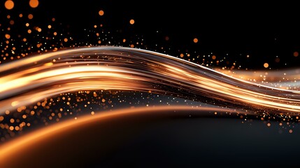 Glowing golden light waves with sparkling particles flow on dark background creating dynamic motion effect for abstract designs and presentations.