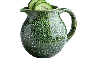 A Rustic Green Ceramic Pitcher, Adorned With A Unique Textured Surface, Holds Refreshing Cucumber Slices, Perfect For A Summer Beverage, Evoking A Sense Of Cool Calmness And Natural Beauty Isolated on