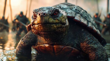 Obraz premium A turtle with a fortress-like armored shell advancing through a swampy battlefield, surrounded by soldiers, Mythological, Realistic, Textured. , closes up