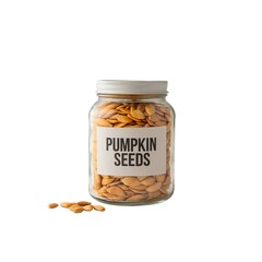 Glass jar filled with roasted pumpkin seeds, labeled for easy identification