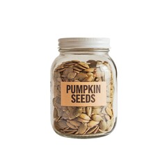 Glass jar filled with raw pumpkin seeds labeled 'Pumpkin Seeds'