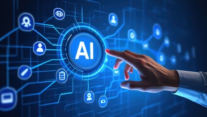 AI business and generative artificial intelligence. Data analysis and robotic processes automation. Businessman touching AI icon on application network system.
