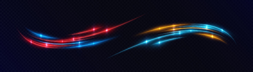 Neon light arcs with glow effect on a dark background. Red, blue and yellow lines with highlights create a feeling of energy and movement.