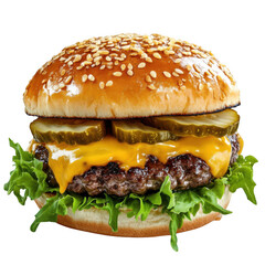 Double cheeseburger with pickles and mustard, isolated on a white background, png