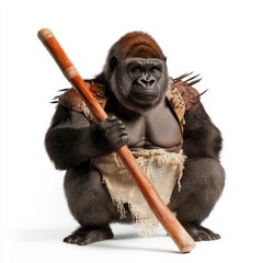 Obraz premium A gorilla in battle-worn armor wielding a massive club, leading troops in a jungle battlefield, Cinematic, Moody, Natural Setting