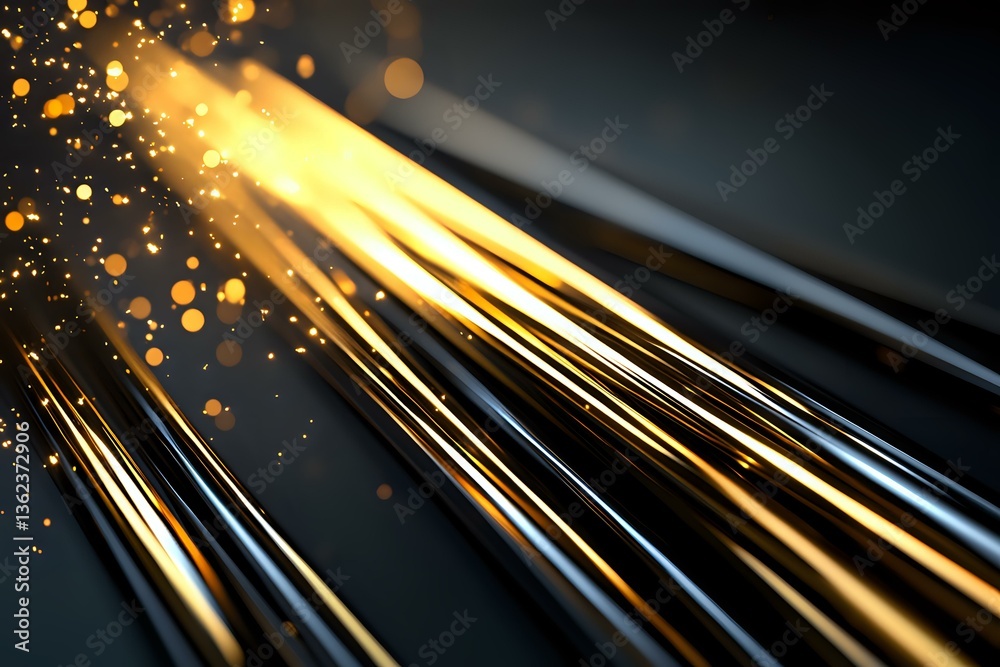 Poster glowing golden light rays with sparkling particles and bokeh effects on dark background create drama