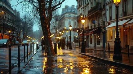 Parisian Rainy Street Scene: A picturesque street in Paris during a rain shower, featuring charming architecture and the warm glow of streetlights reflecting on the wet cobblestones.