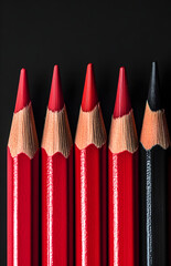 Fototapeta premium A row of red and black pencils, each with its own cap on the top, against a background of solid black