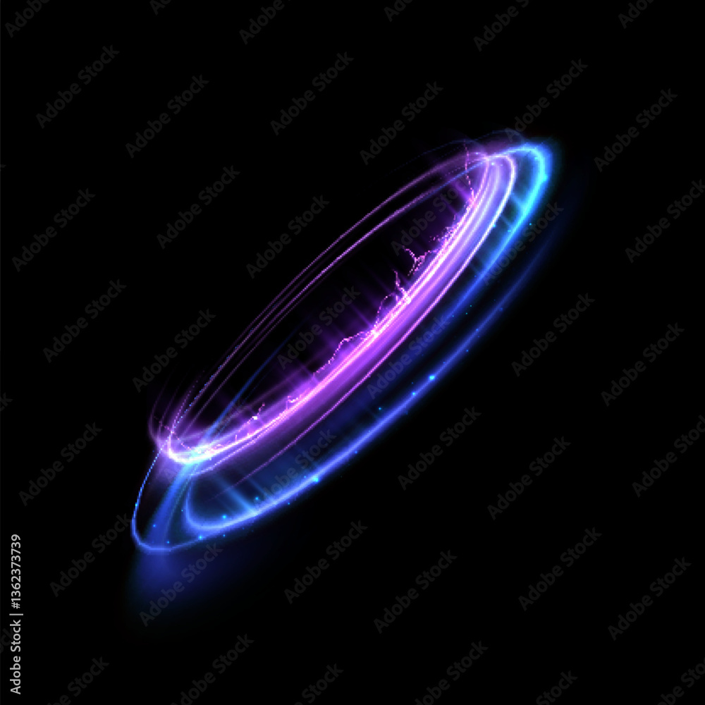 Poster A neon glowing ring object with a lightning effect that emits blue and purple light waves. Creates a sense of energy and dynamics, reminiscent of a cosmic body or technological construction.