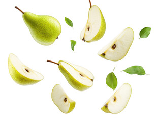 Falling green pear with sliced pears on a white background, png