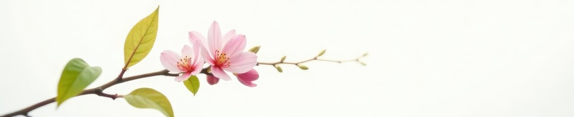 Obraz premium Single stem with leaves and flowers in soft focus on white background, branch, stem