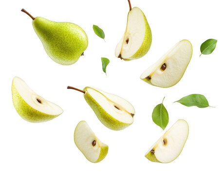 Falling green pear with sliced pears on a white background, png