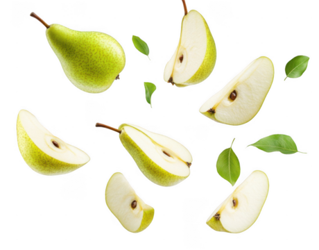 Falling green pear with sliced pears on a white background, png