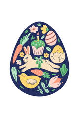 Happy Easter Egg Shape Pattern With Bunny, chicken And Flowers. Greeting hand drawn card on dark background. Flat illustration with partial outline. Vector illustration.