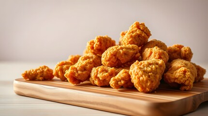 Pile of Crispy Fried Chicken Bites on Wooden Cutting Board