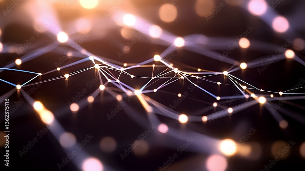 Poster abstract network visualization with glowing nodes and connecting lines on dark background, featuring