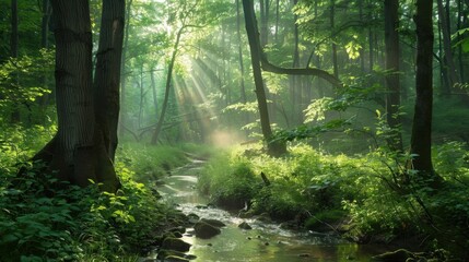 Obraz premium Sunlit Stream in Forest: Sunlight streams through a dense forest canopy, illuminating a tranquil stream as it meanders through the vibrant green undergrowth, creating a serene and inviting scene.