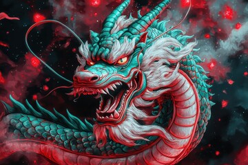 Fototapeta premium A cosmic dragon flying through a galaxy filled with glowing nebulae and stars, surreal fantasy, neon hues, high detail.