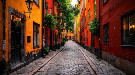 Fototapeta premium Vibrant Cobblestone Street in Stockholm, Sweden