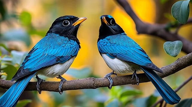 Two vibrant blue birds perched on a branch amidst a lush, colorful background