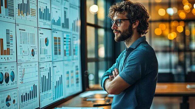 A focused individual studies various data visualizations displayed on large screens in a contemporary office environment. The setting features warm lighting that enhances productivity.