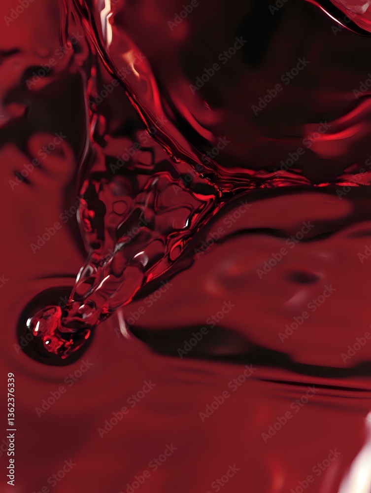 Poster deep red liquid forms an abstract droplet shape with rippling surface tension, creating dramatic sha