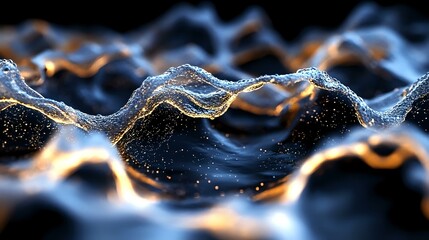 Glowing waves of luminescent particles create abstract flowing pattern in dark blue and gold colors with sparkling light effects and dynamic movement.