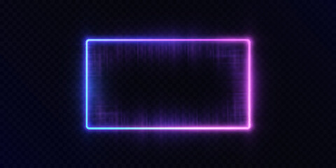 Neon glowing rectangle with violet and pink gradient light on a dark transparent background. Used in futuristic interfaces, digital frames, HUD elements, or cyberpunk visual design.