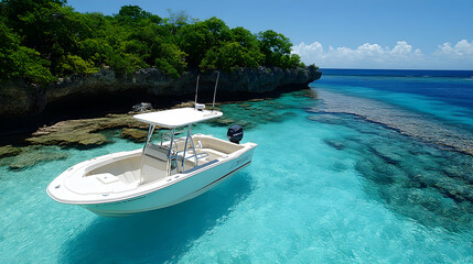 A boat rests in turquoise water near a lush rocky shoreline under a bright blue sky with scattered clouds evoking tran