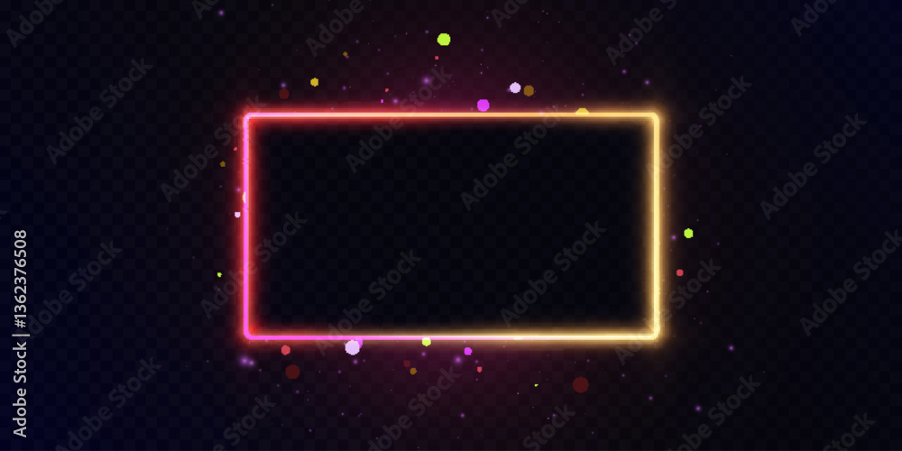 Poster Rectangular neon frame with red and yellow glow surrounded by soft particles on a dark transparent background.