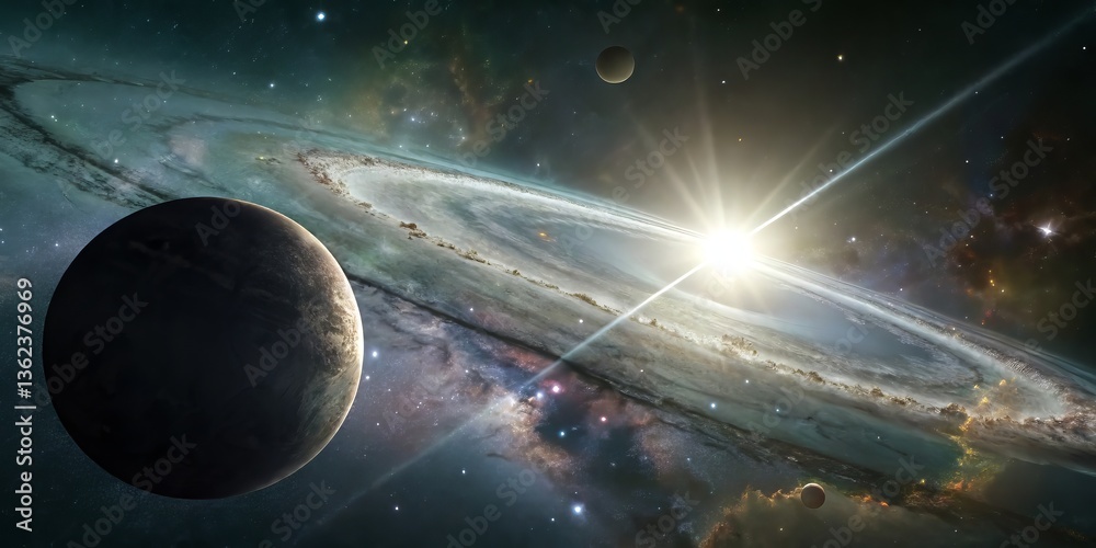 Poster cosmic scene featuring planets and bright starburst in space.