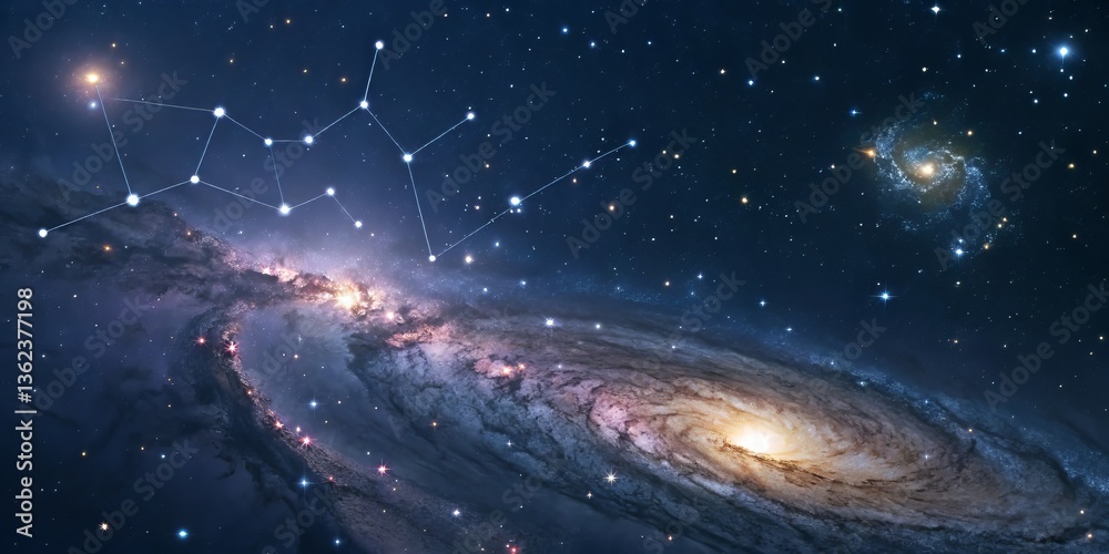 Poster cosmic scene with galaxies and constellations in a starry sky.