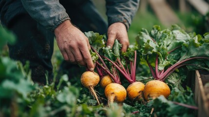 Gardener admiring freshly picked golden beets in a communal garden