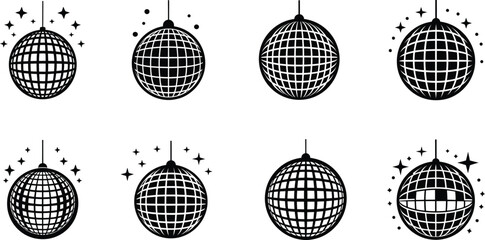 A set of eight disco ball vector silhouette designs. Simple collection. Isolated bundle on white background.