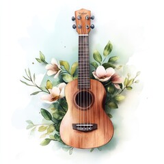 Wooden ukulele surrounded by delicate flowers and leaves