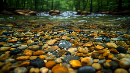 Fototapeta premium A clear stream flows over rocks creating a split view between the underwater stones and forest above merging natures