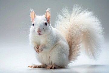 Fluffy White Squirrel, Soft Fur, Full Body, Isolated on White Background - Stock Photo