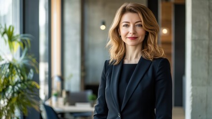 Confident professional businesswoman in black suit standing in modern office with arms crossed looking strong