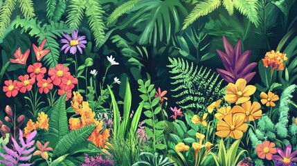Spring garden concept with vibrant plants and flowers