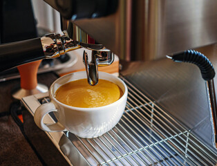 Close-up of espresso pouring from the coffee machine into a coffee cup. Professional coffee brewing