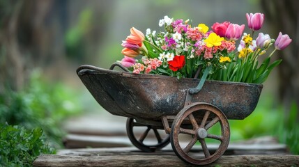 Spring wheelbarrow with flowers, a gardening theme
