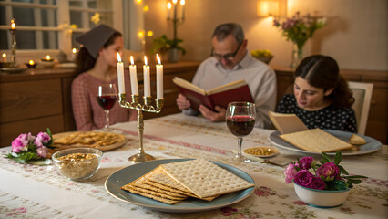Family Celebrating Passover Seder with Traditional Matzah and Wine