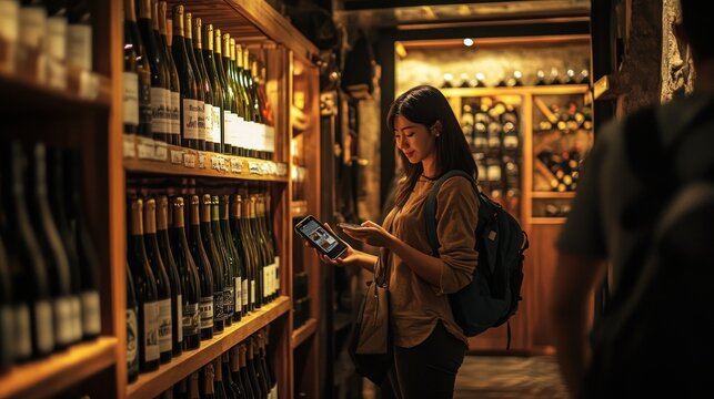 Woman uses her phone to browse in a dimly lit wine cellar