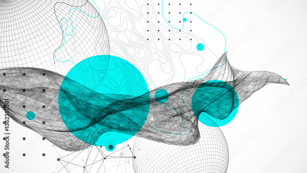 Fototapete Science fiction background. Abstract image of wireframe wave and sphere with plexus effect.
